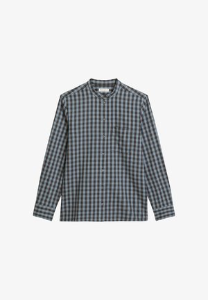 Camicia a maniche lunghe con bottoni, in un motivo a scacchi blu scuro e nero, con colletto alla mandarino e taschino sul petto. Tessuto morbido.