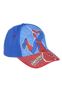 Casquette de baseball bleue arborant un graphique de Spider-Man sur le devant, une visière rouge à motifs et un texte brodé indiquant "AMAZING SPIDER-MAN."