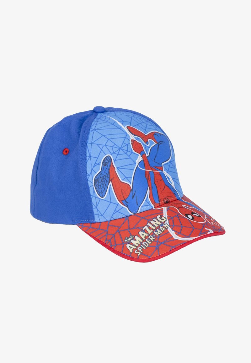 Casquette de baseball bleue arborant un graphique de Spider-Man sur le devant, une visière rouge à motifs et un texte brodé indiquant "AMAZING SPIDER-MAN."