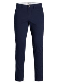 Mörkblå slim-fit herrbyxor med knapp- och dragkedjestängning, bältesömmar och framfickor.