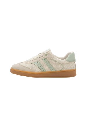 Lyse beige sneakers med mintgrønne accenter, tekstureret stofoverdel, perforerede detaljer og en sål i gummi.