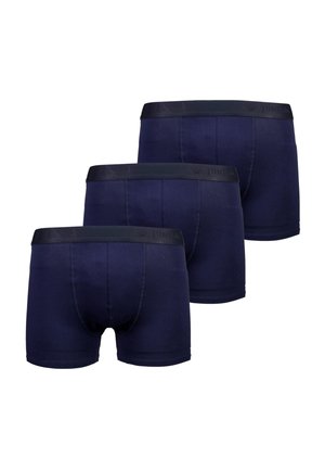Marineblauwe boxershorts in een verpakking van drie, met een donkere elastische tailleband met logo, gemaakt van een soepele, rekbare stof.