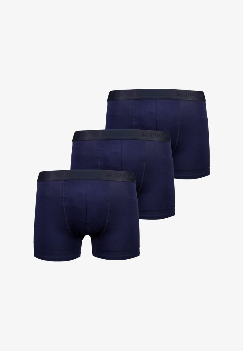Dunkelblaue Boxershorts im Dreierpack, mit einem dunklen elastischen Bund mit Logo, aus einem glatten, dehnbaren Material gefertigt.