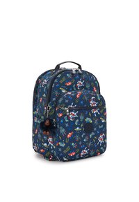 Zaino blu navy con un motivo giocoso di astronauti e robot. Include una tasca frontale, doppie cerniere e un charm a forma di scimmia pelosa.