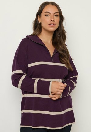 Paarse gestreepte trui met een half-rits kraag, met beige horizontale strepen. Zachte textuur, losse pasvorm en lange mouwen.