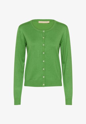 Roheline kootud kardigan pikkade varrukatega, ümar kaelus ja nööpidega sulgemisdetail. Omaduseks soonilised mansetid ja kogu pinnal tekstuuriga muster.