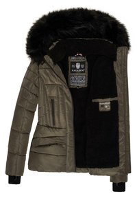 Puffy olive green jacket with a faux fur hood, black fleece lining, zip pockets, and ribbed cuffs. Inside label features brand details.