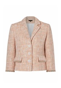 Veste en tweed orange et blanche avec un col cranté, trois boutons à l'avant et des franges sur l'ourlet et les poches.