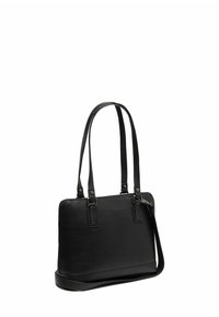 Schwarze Lederhandtasche mit doppelten Obergriffen und einem abnehmbaren Schulterriemen. Sie zeichnet sich durch ein schlankes Design, eine glatte Textur und minimalistische Hardware-Accents aus.