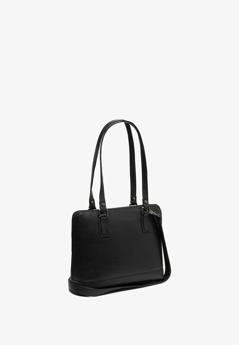 Schwarze Lederhandtasche mit doppelten Obergriffen und einem abnehmbaren Schulterriemen. Sie zeichnet sich durch ein schlankes Design, eine glatte Textur und minimalistische Hardware-Accents aus.