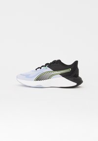 Athletic sneaker featuring a light blue and black mesh upper, green accents, and a white midsole with a textured black rubber outsole.