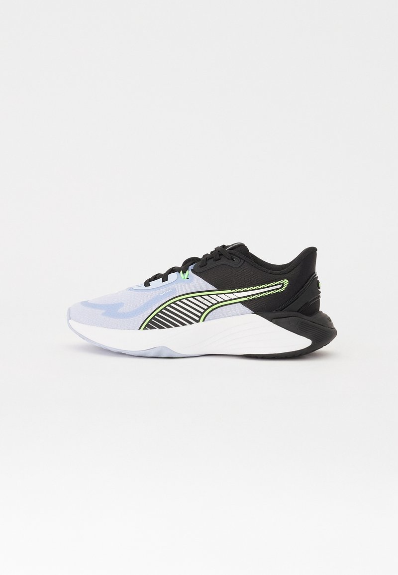 Athletic sneaker featuring a light blue and black mesh upper, green accents, and a white midsole with a textured black rubber outsole.