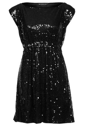 Robe mini noire sans manches recouverte de sequins brillants avec une taille cintrée et un col rond.