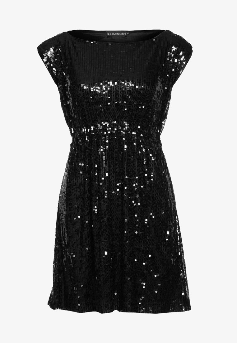 Robe mini noire sans manches recouverte de sequins brillants avec une taille cintrée et un col rond.