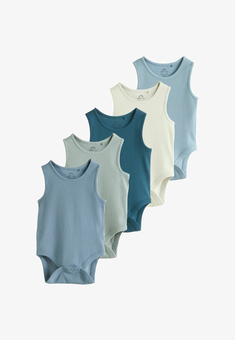 Cinq bodies côtelés dans des nuances variées de bleu, vert et crème, avec des fermetures à pression au bas et sans manches.
