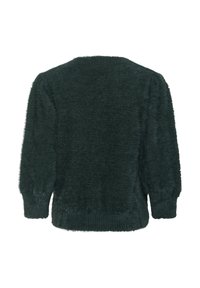 Dunkelgrüner, flauschiger Pullover mit rundem Ausschnitt, langen Ärmeln und lockerer Passform. Strukturierte Oberfläche mit geripptem Saum und Bündchen.