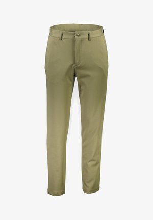 Khaki broek van gladde stof met een getailleerde pasvorm; voorzien van een knoopsluiting en zijzakken. Rechte pijpen.