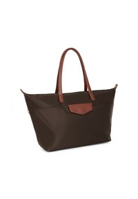 Borsa a tracolla in nylon marrone con dettagli e manici in pelle, dotata di chiusura superiore a zip e una tasca frontale. Design resistente e spazioso.