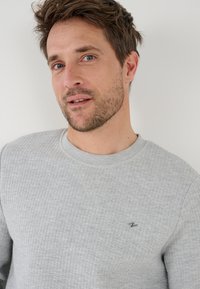 Sudadera gris claro con tejido texturizado, cuello redondo y un pequeño logotipo bordado en el lado izquierdo del pecho. Diseño suave y casual.