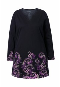 Tunique noire en coton à manches longues avec un col en V et un motif floral paisley violet au bas. Texture douce avec une légère élasticité.