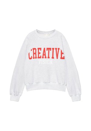 Sweat-shirt gris clair avec texte rouge "CREATIVE" et texte blanc plus petit "VISION" sur le devant, manches longues, poignets et ourlet côtelés.
