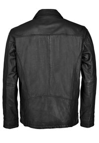 Schwarze Lederjacke mit einem schlichten Rückendesign, Spitzenkragen und langen Ärmeln mit minimalen Nähten. Keine sichtbaren Metallteile.