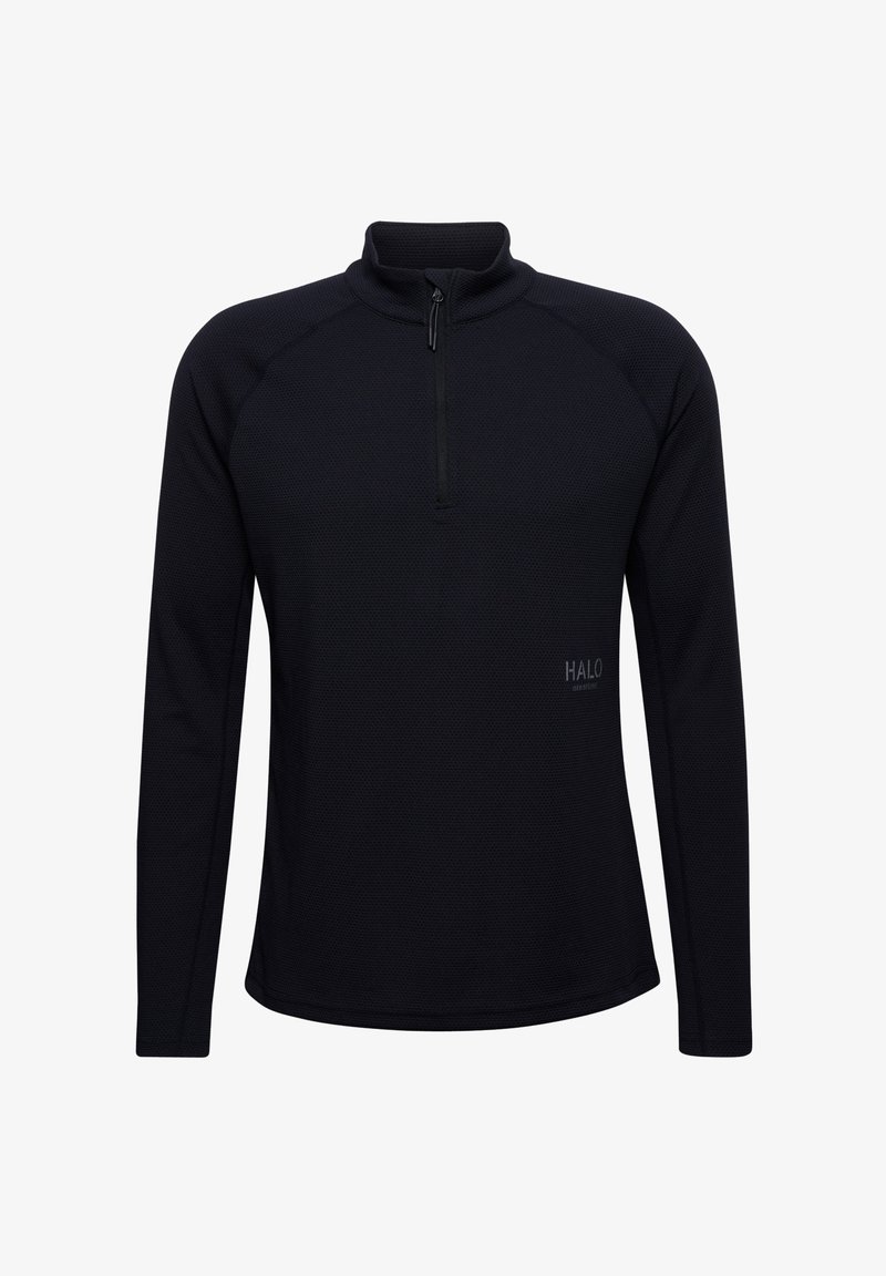 Czarny sweter z półzamkiem, wykonany z teksturowanej tkaniny, z długimi rękawami i subtelnie umieszczonym logo z przodu.