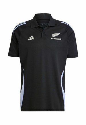 Zwarte poloshirt met drie witte strepen op de mouwen, met het "All Blacks"-logo en adidas-merk. Gemaakt van ademend materiaal.