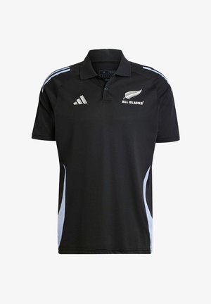 Zwarte poloshirt met drie witte strepen op de mouwen, met het "All Blacks"-logo en adidas-merk. Gemaakt van ademend materiaal.