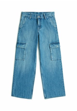 Hellblaue Denim-Cargohosen mit weitem Bein, Frontknopf und Reißverschluss, Gürtelschlaufen, seitlichen Klappentaschen mit Knöpfen und vorne schrägen Taschen.