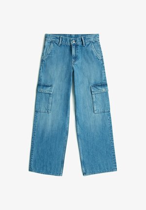 Hellblaue Denim-Cargohosen mit weitem Bein, Frontknopf und Reißverschluss, Gürtelschlaufen, seitlichen Klappentaschen mit Knöpfen und vorne schrägen Taschen.