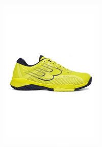 Zapatilla deportiva verde lima con parte superior texturizada, acentos en azul marino, talón reforzado y suela de goma con un patrón antideslizante.