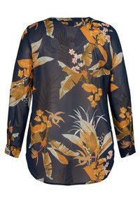 Blouse à manches longues en tissu transparent bleu marine avec un motif floral composé de fleurs orange et jaunes ainsi que des feuilles vertes. Texture lisse, ourlet arrondi.