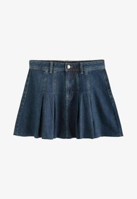 Falda de mezclilla en un color azul oscuro, con diseño plisado, cierre de botones y lazos para cinturón, con una textura suave y un estilo casual.