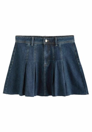 Falda de mezclilla en un color azul oscuro, con diseño plisado, cierre de botones y lazos para cinturón, con una textura suave y un estilo casual.