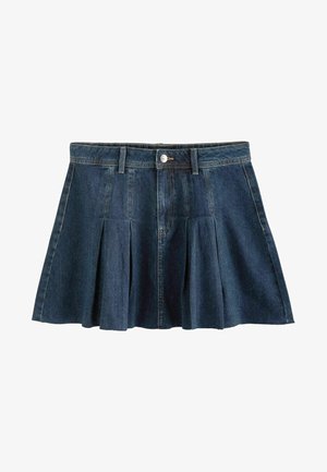 Fustă din denim cu o nuanță albastră închisă, design plisat, închidere cu nasture și bucle pentru curea, având o textură netedă și un stil casual.