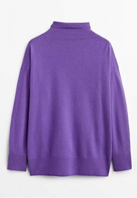 Purple pullover sweater with a high, ribbed collar and wide sleeves. Made from soft material, featuring a textured knit and ribbed hem.