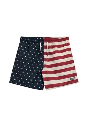 Costume da bagno shorts con design della bandiera americana, lato sinistro blu navy con stelle bianche, lato destro righe orizzontali rosse e bianche, vita elastica con cordoncino bianco.