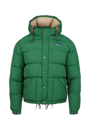 Vihreä puffer-takki hupulla, nappeilla ja kiristysnyöreillä. Ominaisuuksiin kuuluu kaksi etutaskua ja kontrastivärinen beigekuori.