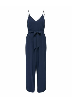 Tmavě modrý bezrukávový overal s nastavitelnými tenkými ramínky, výstřihem do V a látkovým páskem vázaným v pase, s kalhotami s širokými nohavicemi.