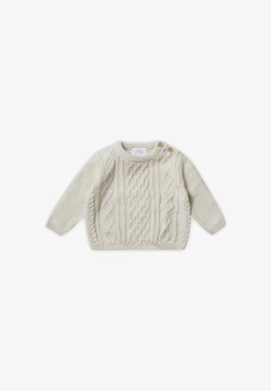 Cream-colored knit sweater with a cable pattern, round neck, and two button accents on the shoulder. Soft texture and long sleeves.