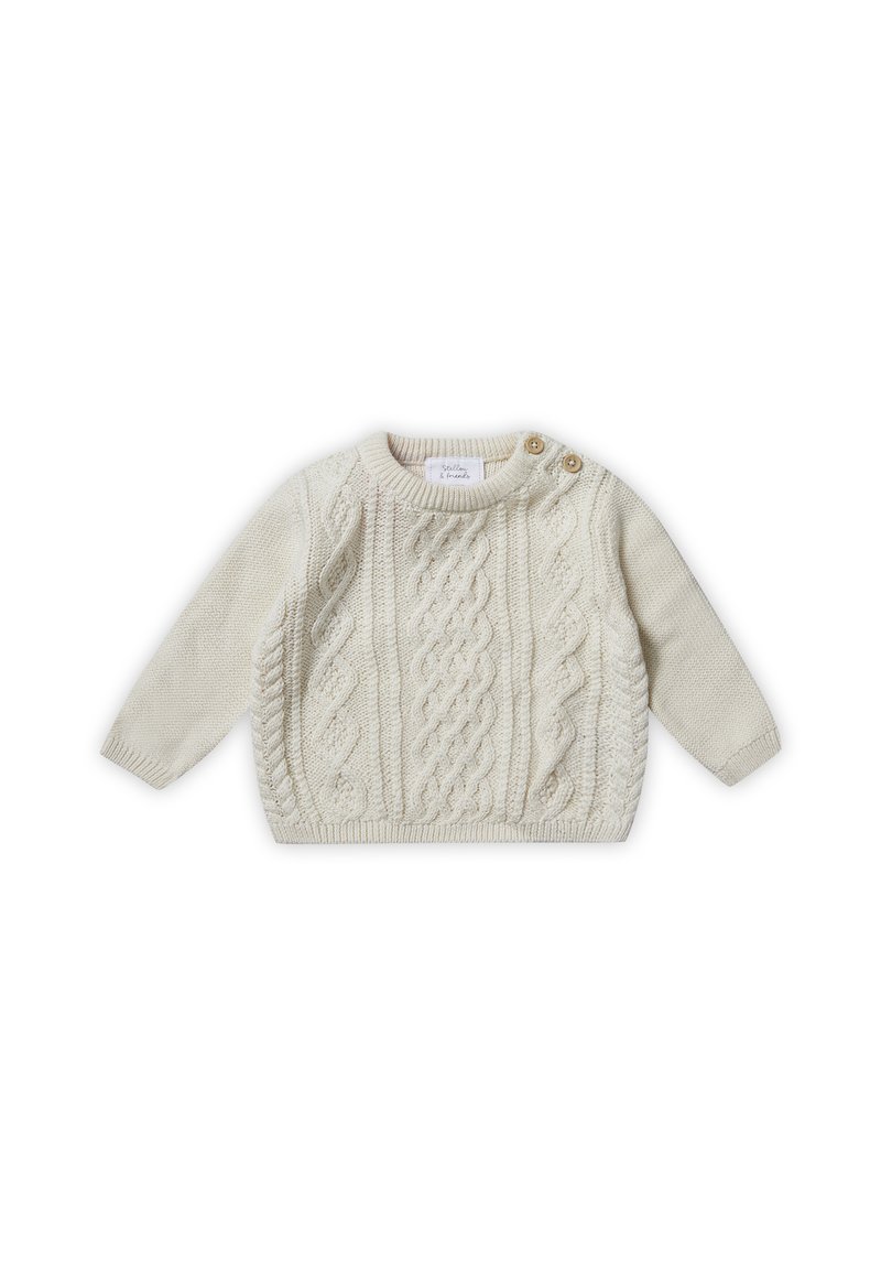 Suéter de punto color crema con patrón de trenzas, cuello redondo y dos botones decorativos en el hombro. Textura suave y mangas largas.