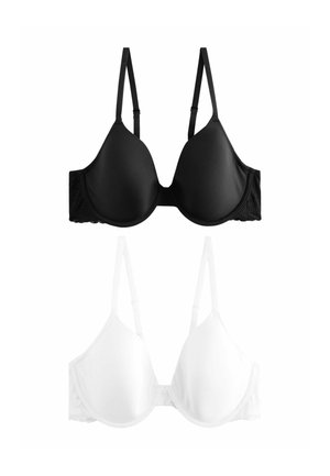 Zwart-witte bh's, elk met gevormde cups, verstelbare bandjes en kantdetails aan de zijkanten, met een gladde stoffen afwerking.