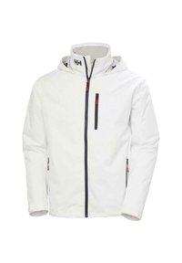 Chaqueta blanca con cremallera frontal, capucha ajustable y detalles en rojo. Cuenta con dos bolsillos laterales y un bolsillo en el pecho seguro con cremallera.