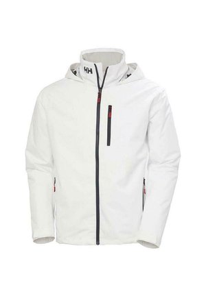 Chaqueta blanca con cremallera frontal, capucha ajustable y detalles en rojo. Cuenta con dos bolsillos laterales y un bolsillo en el pecho seguro con cremallera.