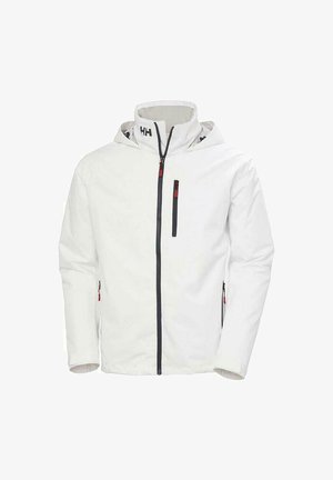 Chaqueta blanca con cremallera frontal, capucha ajustable y detalles en rojo. Cuenta con dos bolsillos laterales y un bolsillo en el pecho seguro con cremallera.