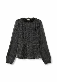 Čierna plisovaná blúzka s dlhým rukávom, ktorá má okrúhly výstrih a zberaný lem v páse. Textúrovaná tkanina s jemným leskom.