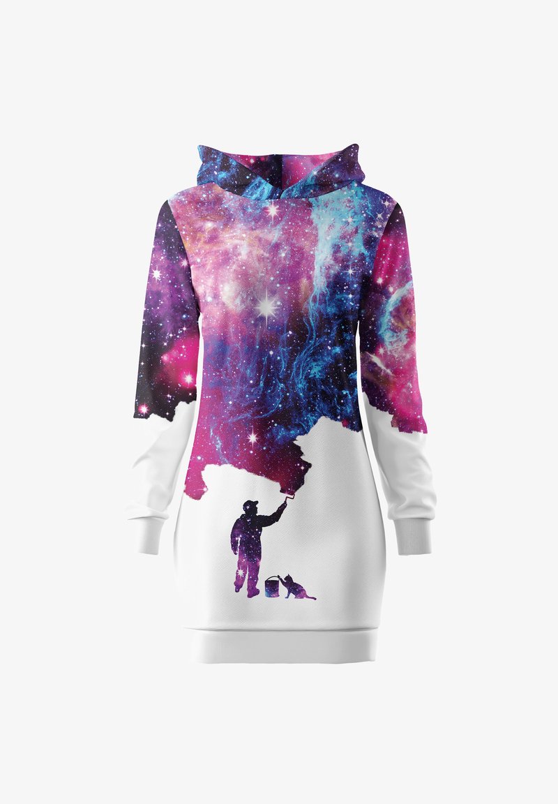 Kapuutsiga särk galaktika trükisega violetse, roosa ja sinise värviga; alumine osa on valge, millel on maalikunstniku ja kassi siluett.