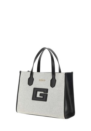 Borsa tote in tessuto grigio con dettagli in pelle nera. Presenta manici doppi, un prominente logo "G" nero e branding dorato sulla parte anteriore.