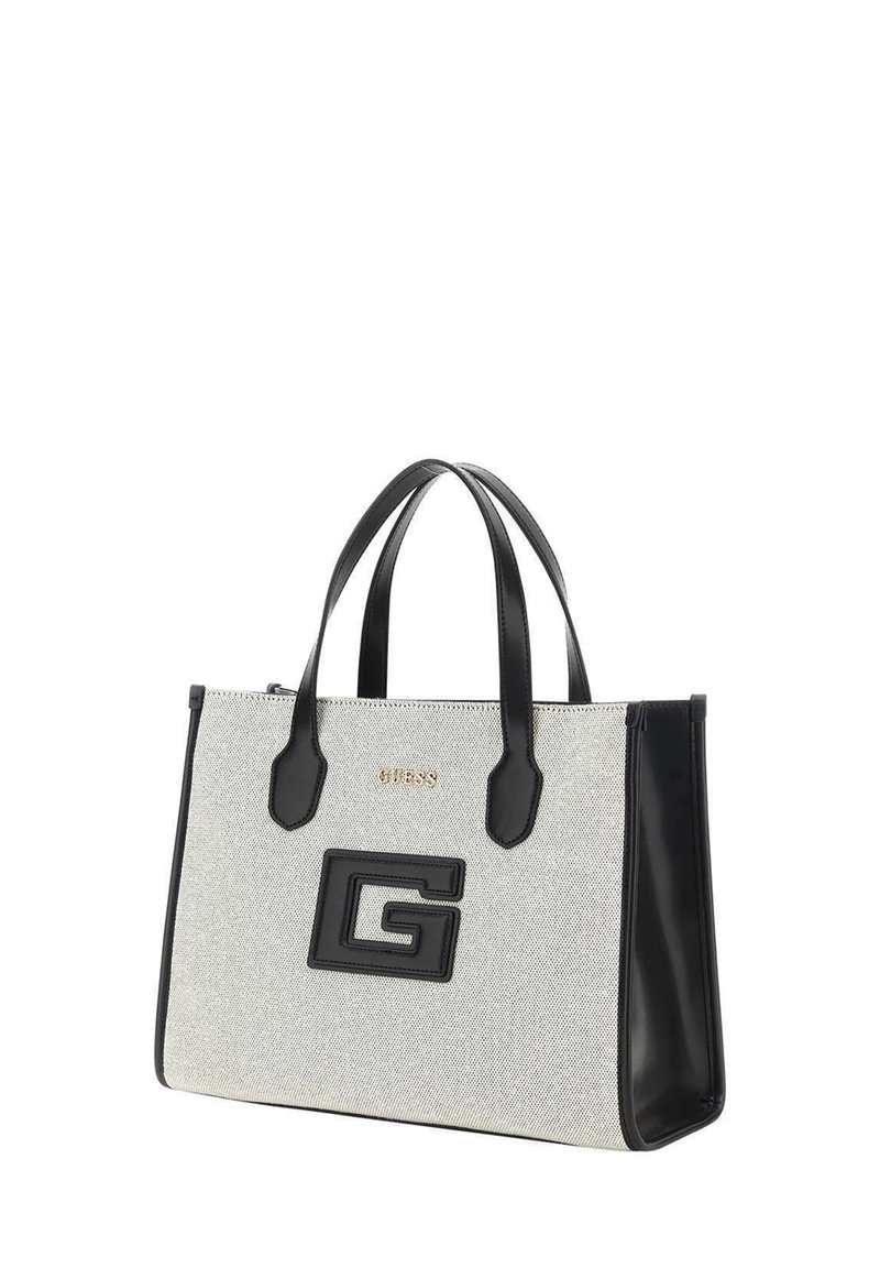 Borsa tote in tessuto grigio con dettagli in pelle nera. Presenta manici doppi, un prominente logo "G" nero e branding dorato sulla parte anteriore.